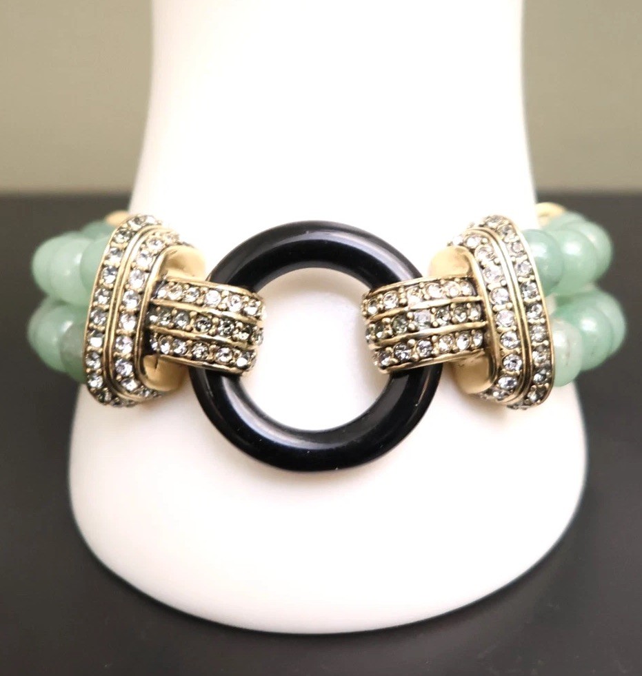 Heidi Daus bracelet Art Deco imitation jade and onyx green glass beads signed