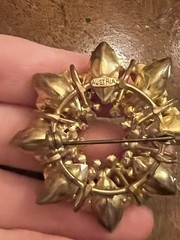 Vintage Austrian Red & Clear AB Rhinestone Floral Wreath Brooch Gold Tone Nice!