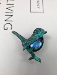 Wonderful Green Bird Brooch/Pin with Blue Glass Stone Set in Oxydated Metal