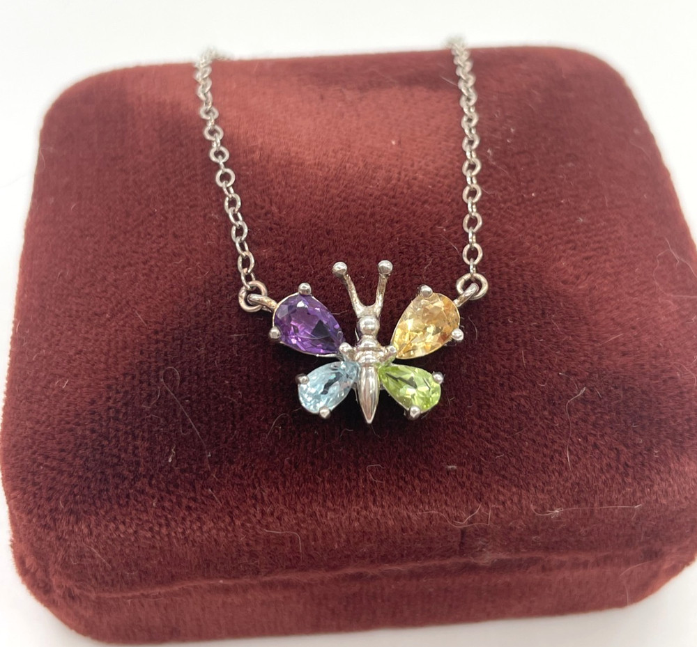 Ross Simons 925 Sterling Silver Multi Gemstone Butterfly pendant necklace 15″