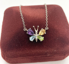 Ross Simons 925 Sterling Silver Multi Gemstone Butterfly pendant necklace 15″