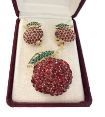 Rare Vintage LA ROCO Gold Tone Red Green Rhinestone Cherry Brooch & Earring Set