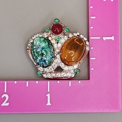 Vintage Rhinestone Crown Brooch Green Confetti Orange Oval Cabochon 37mm