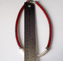 Vintage Honora Pearl Collar Necklace Red Braided Leather 925 Sterling Silver