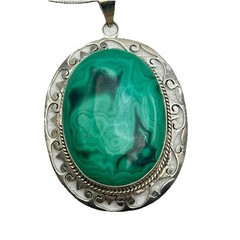 Sterling Silver & Malachite Statement Artisan Pendant Chain Necklace Handmade
