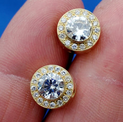 Original EARTH MINED DIAMOND Deco Bezel set Halo Studs Earrings SOLID 18K GOLD