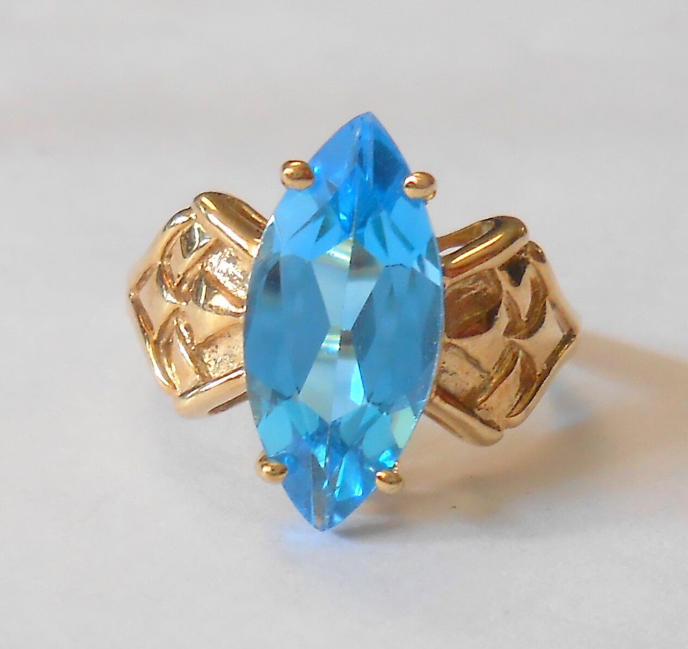 Stunning Color Large 3.50 ct Marquise Blue Topaz 10K Yellow Gold Ring Size 6