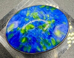 Vintage Sterling Silver Blue Green Marbled Art Glass Brooch Pendant 9.3g
