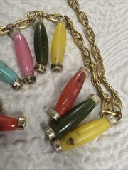 Vintage Bohemian Dangling Multicolor Oblong Beads Gold Plated 24” Necklace