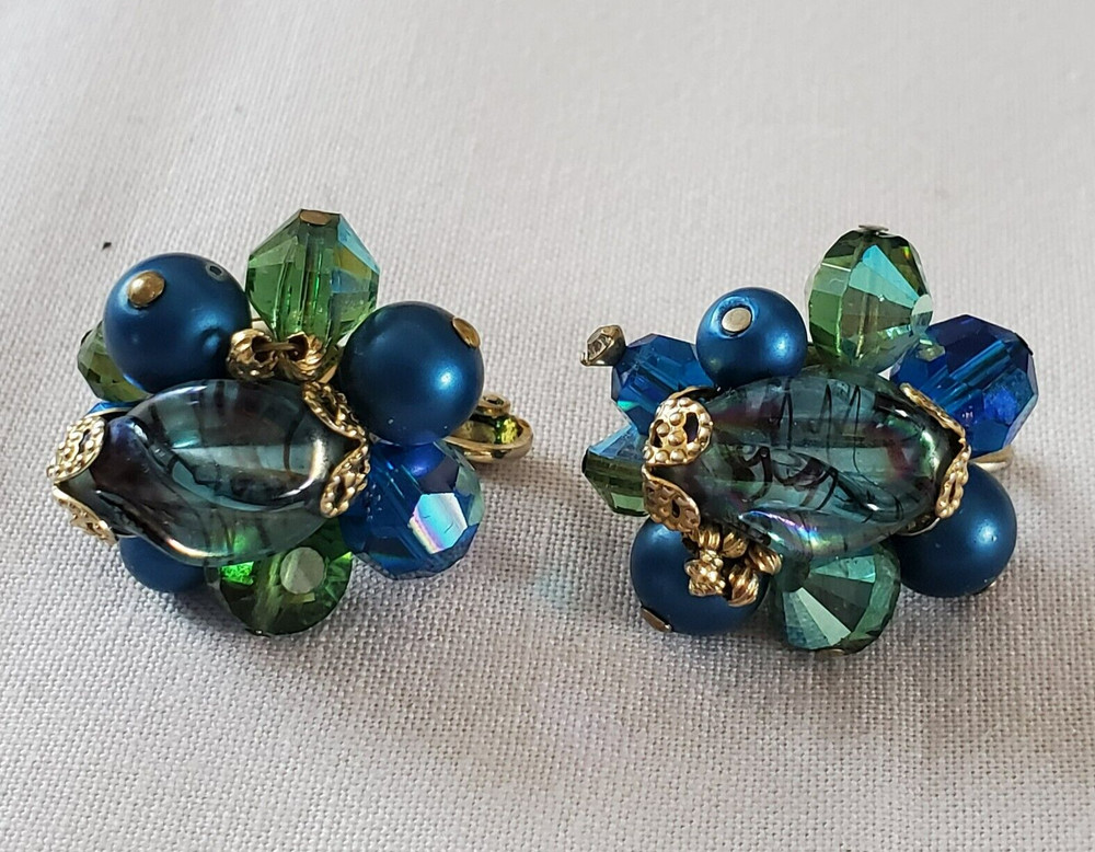 Vtg VENDOME Gold Faux Pearls Blue Glass Balls Beads Clip On Earrings