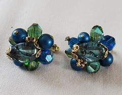 Vtg VENDOME Gold Faux Pearls Blue Glass Balls Beads Clip On Earrings
