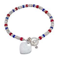 Vintage Sterling Silver 925 Red White Blue Glass Bead Heart Toggle Bracelet 7.5″