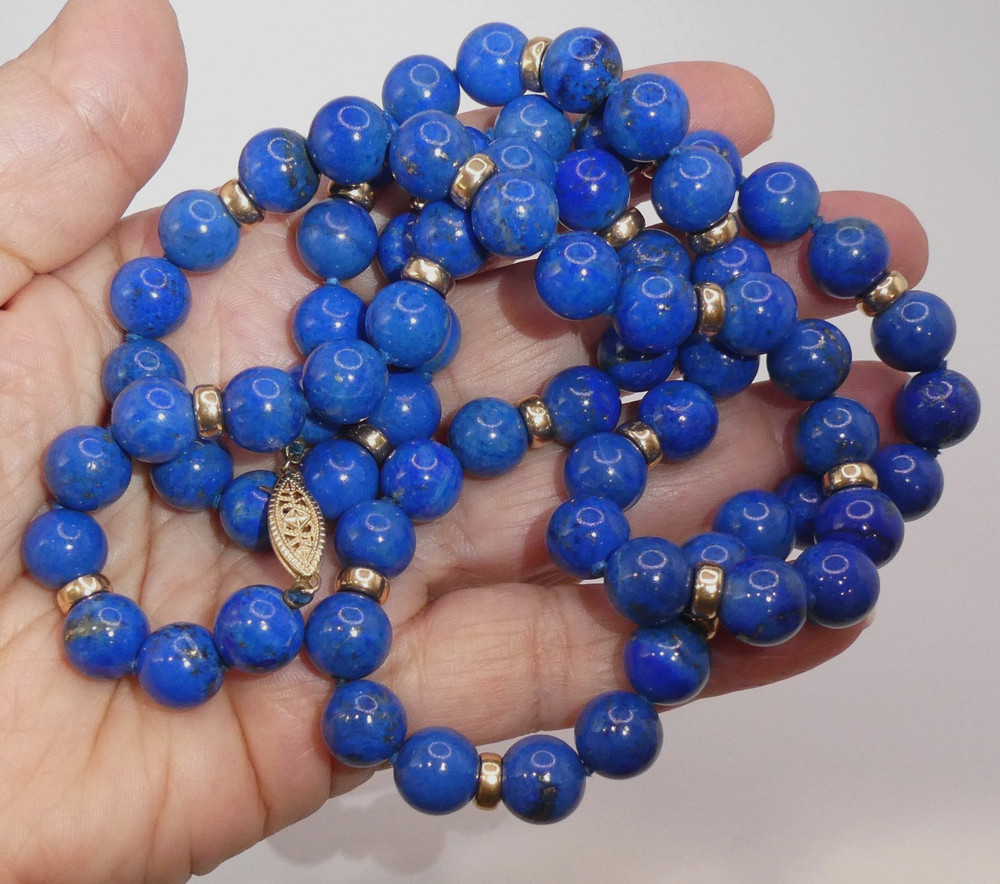 14K Gold 10mm Lapis Lazuli Bead Necklace 32”l Opera 14K Rondelle Spacers 106g