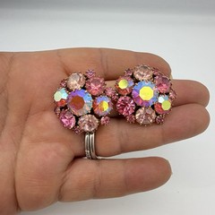 Vintage Rhinestone Brooch & Earrings Set Pink AB Crystal Cupcake Setting