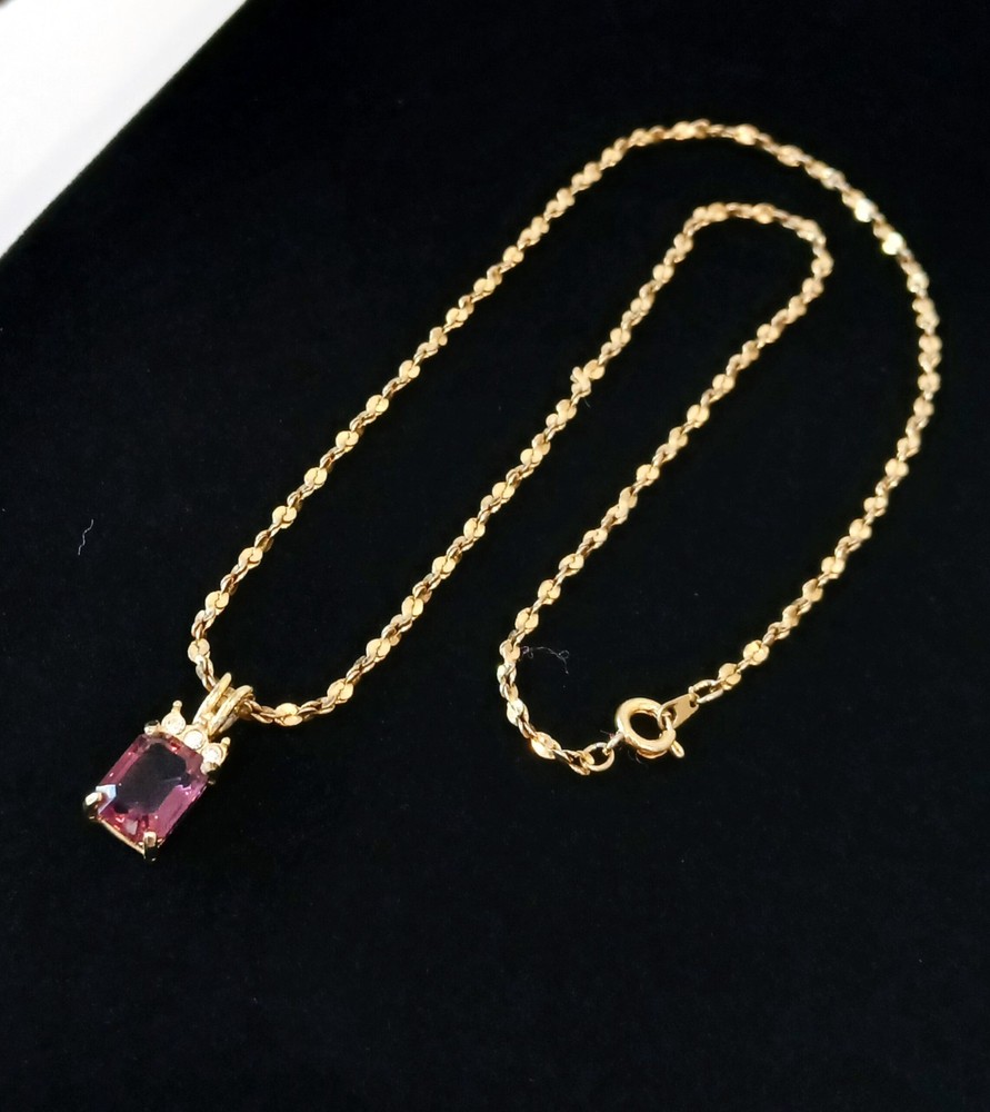 Vintage Gold-Tone Emerald-Cut Amethyst & Rhinestone Pendant Necklace 18″ 6.3g