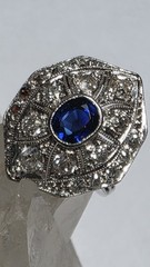 Antique Platinum Old European And Mine Cut Diamonds Blue Synthetic Sapphire Ring
