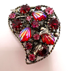 Vintage AUSTRIAN Pink and Red HEART BROOCH – Star – Carved AB Stones – 2 inches