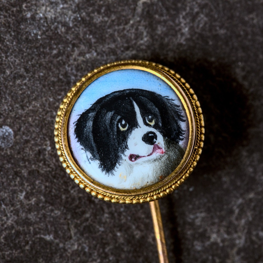 LOVELY ANTIQUE VICTORIAN ENGLISH 15K GOLD ENAMEL STICKPIN BERNESE MOUNTAIN DOG