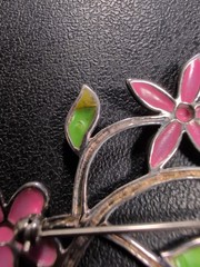 Pink and Green Flowers Sterling Pendant Brooch Spring – 2.5″ – 9.1 g – signed