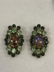 Documented Juliana D&E UV Reactive Art Glass Green Rhinestone Clip Earrings