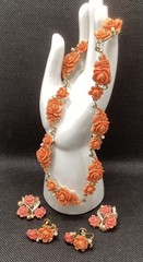 Vntg JAPAN 16 inch Choker Styler Necklace 2 pair Clip Earrings Coral Color 1950s