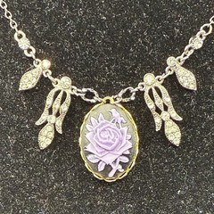 Vintage Charm Pendant Necklace on Sexy Black Chain w Purple Rose & Rhinestones