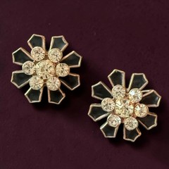 Art Deco Rhinestone Earrings Black Enamel Screwback Cogwheel Vintage
