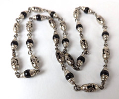 925 Taxco Sterling Silver Black Onyx Gem Bead & Barrel Long Chain Necklace 32″