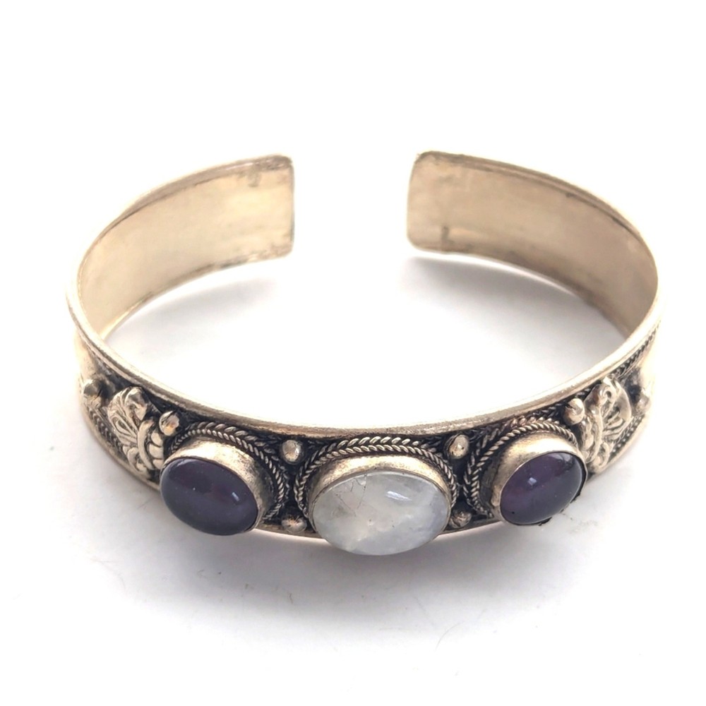 Vintage Bohemian Style Artisan Silver Tone Glass Stone Ornate Cuff Bracelet