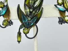 Vintage Green Navette Rhinestone Leaf Brooch Pin & Earrings Set Japanned Enamel