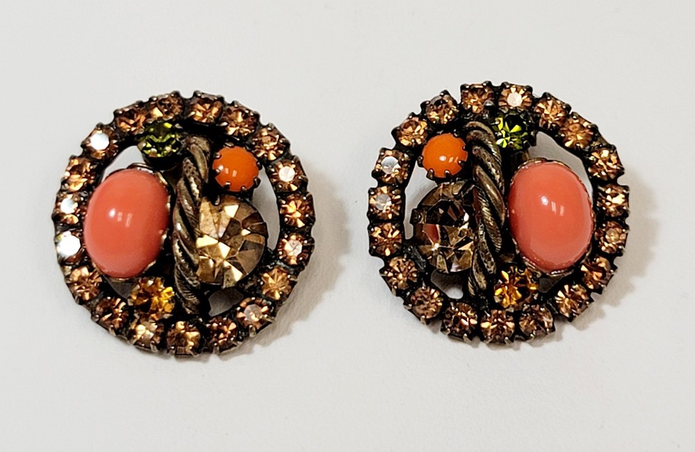 Vintage Alice Caviness Coral Topaz Green Rhinestone Rope Earrings
