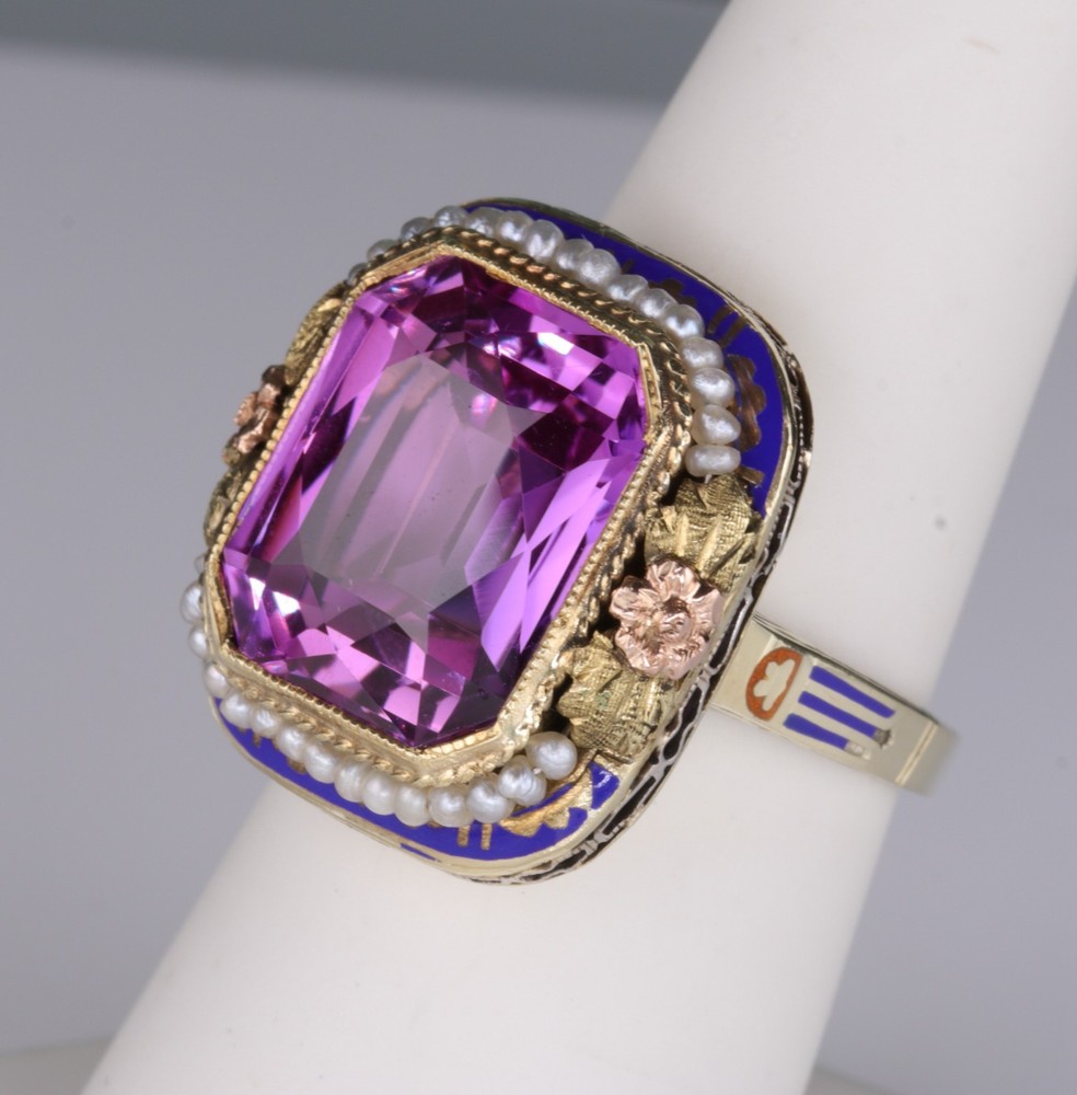 Spectacular Antique 14K Pink Sapphire and Enamel Ring 8.8 Grams Size 7-1/4