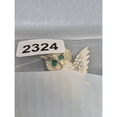 Vintage Owl Brooch Pin Gold Tone White Enamel Green Eyes Rhinestone Jewelry