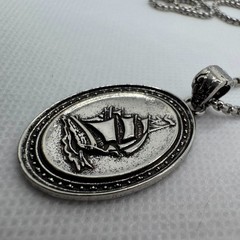 Vintage Sailing Ship Pendant Necklace Silver Tone Nautical Maritime Ocean Jewelr