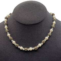 Artisan Made Faux Pearl Crystal Ornate Metal Bead Vintage Necklace 16 Inch