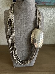 Vintage Multi Strand Asymmetrical Hammered Silver Tone Oval Pendant Necklace