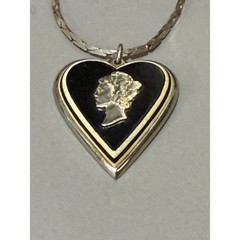 Vintage Mercury Dime Heart Cameo Pendant Silver Tone Black Enamel Sweetheart