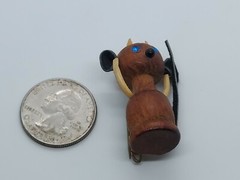 Vintage Miniature Wood Leather Devil Mouse ? Blue Crystal Eye Pin Brooch