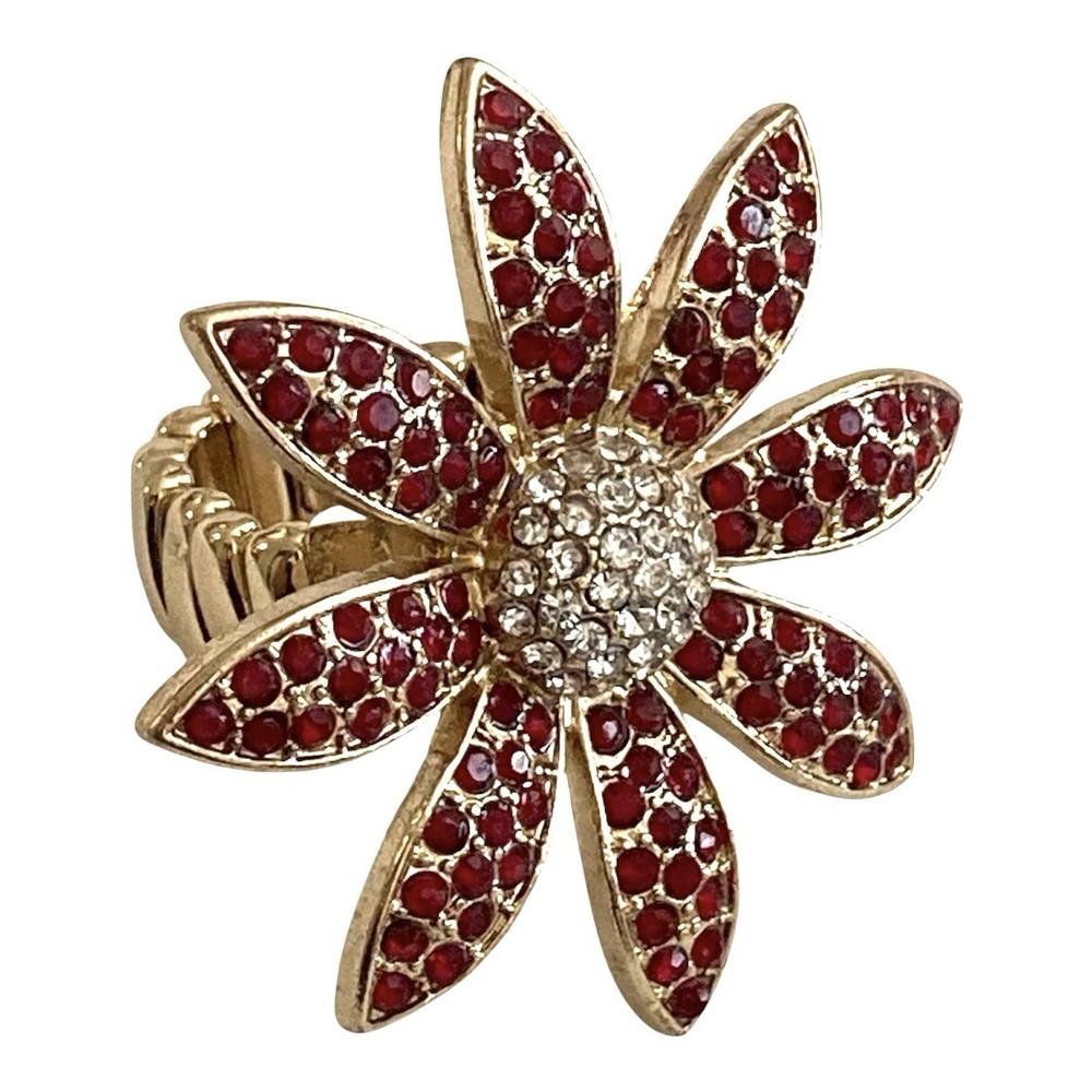 Vintage Red Rhinestone Flower Ring Gold Tone Stretchable 8