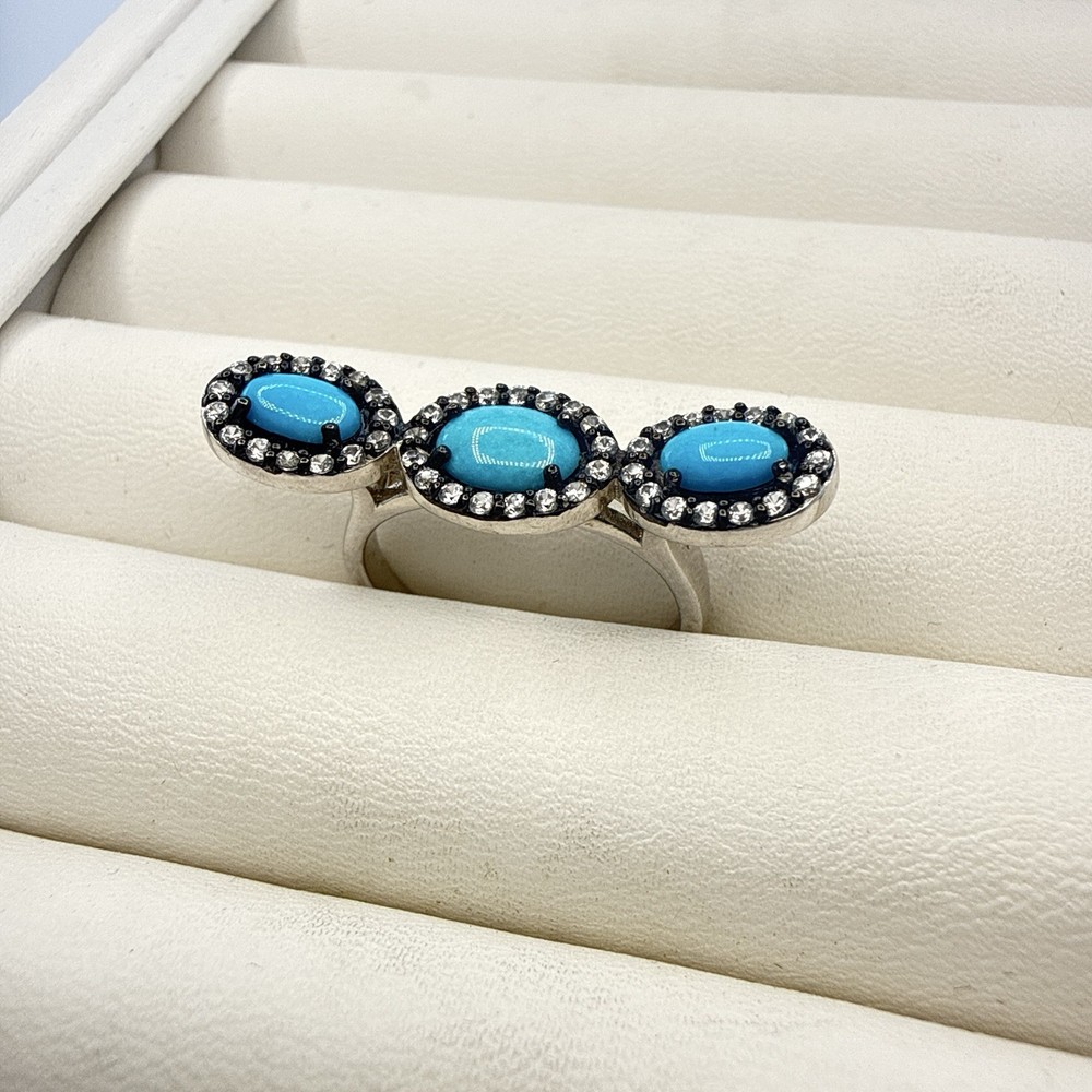 JTV Ring Turquoise Sterling Silver 925 size 8 Designer Halo East West Modern