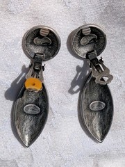 Vintage Bijoux NY Designs Black Enamel Marcasite Dangle Clip On Earrings 1980s