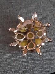 Vintage Yellow Molded Glass & Amber Rhinestone Brooch w/Aurora borealis beads