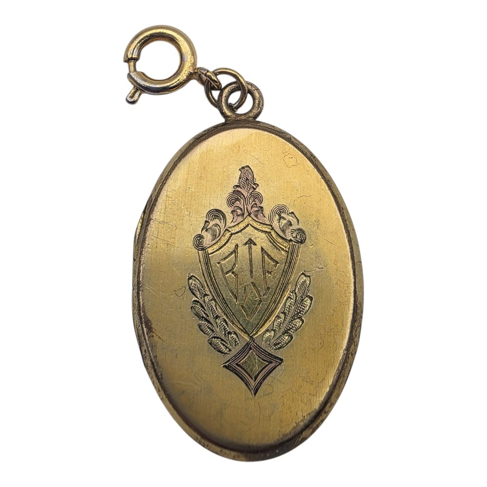1938 Vintage Gold Plated Oval Locket “BTF” Monogram – Young Man + Red Tractor