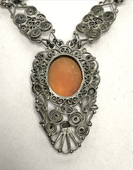 Vintage 800 Silver Filigree Cameo Parure Necklace, Earrings, and Bracelet Set