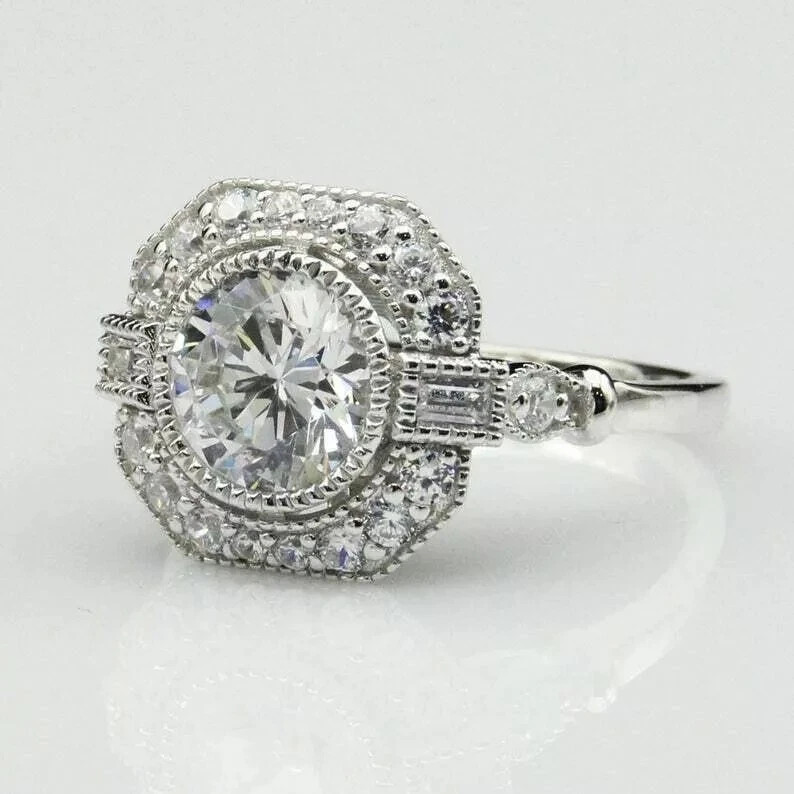 Art Deco Vintage 2Ct Round Cut Lab Created Diamond 14K Gold Over Christmas Ring