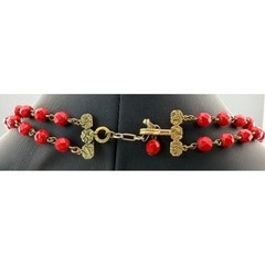 Vintage Freirich Necklace Triple Scalloped Red Faceted Glass Beads Green Flowers