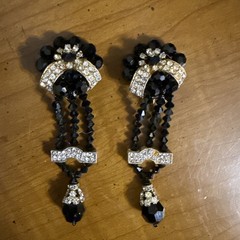 Vtg Lois Ann Art Deco Black Faceted Glass Rhinestone Chandelier Runway Earrings