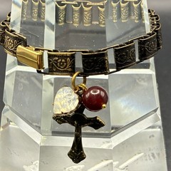 Vintage Japan Glass & Faux Opal Heart Charms, New Antiqued Gold Book Chain,Cross