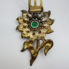 Vintage Pot Metal Dress Clip Flower Gold Tone Green Rhinestones 3″