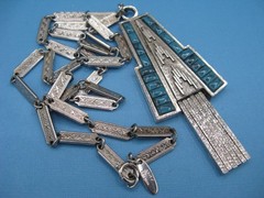 Whiting And Davis Vtg 1970s Necklace Art Deco Faux Turquoise Pendant Silver Tone